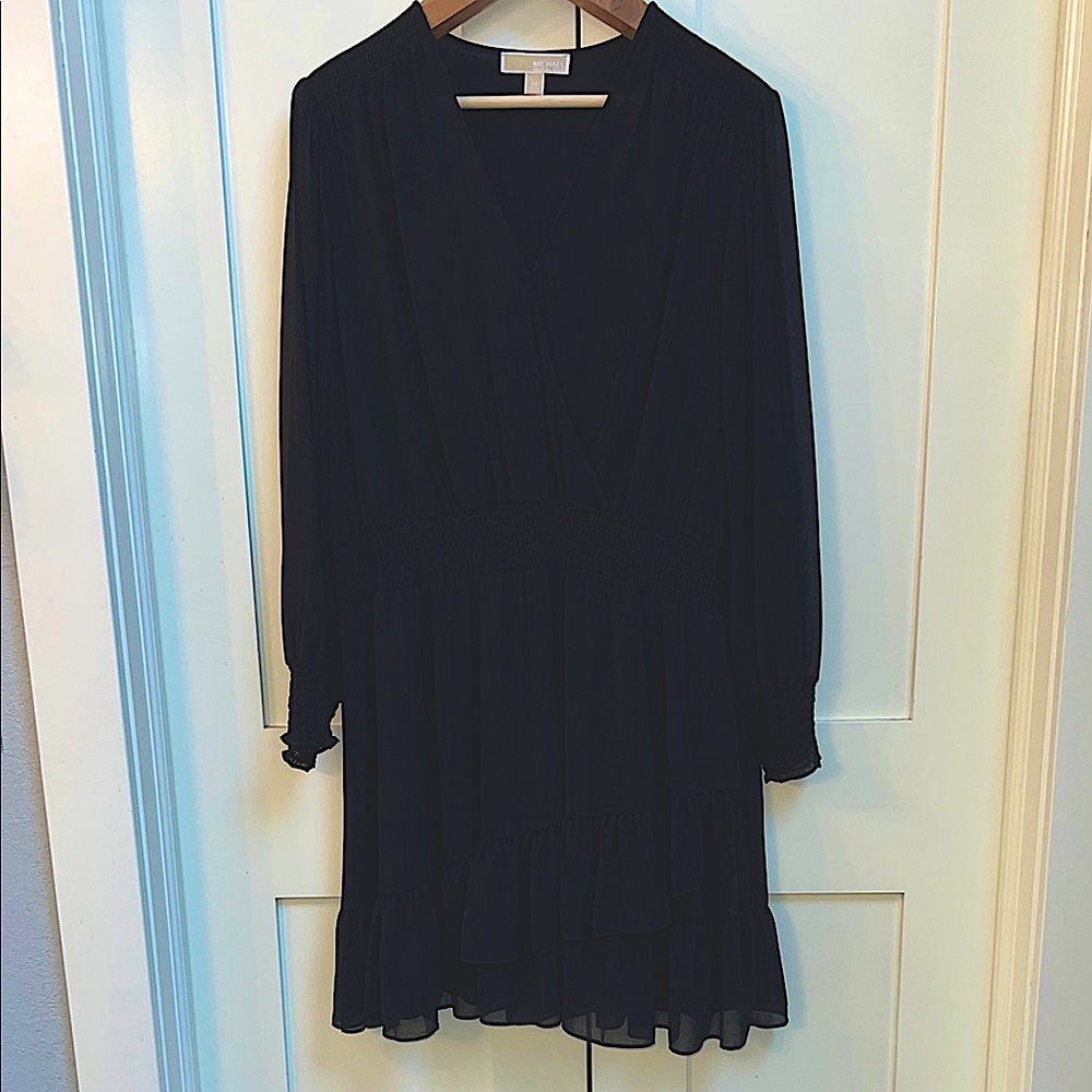 Michael Kors Black V-Neck Bishop Sleeve Cocktail Dress